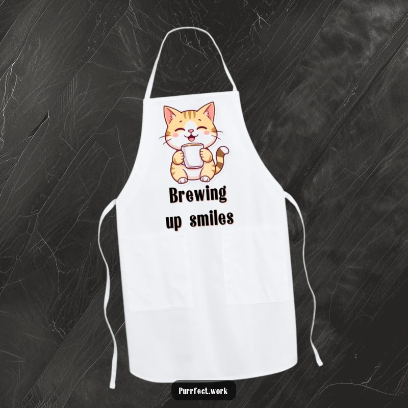 Funny, cheerful cat character holding a tiny coffee mug on a kitchen apron, designed for humorous cooking sessions.