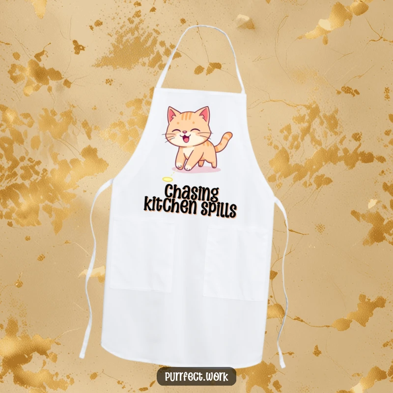 Funny Apron showing an energetic cat chasing a laser pointer dot, ideal for a fun and active kitchen.