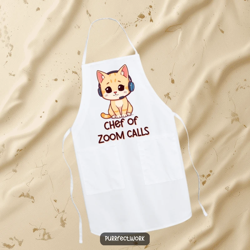 Funny apron featuring a cat wearing a headset and looking determined, as if managing a chaotic kitchen with professional humor.