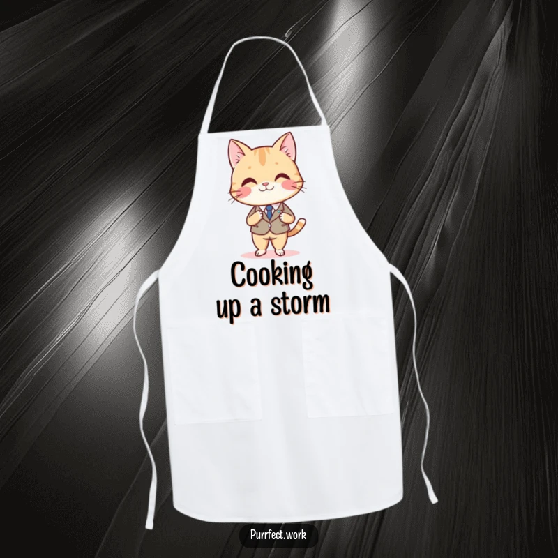 Funny apron with a smiling cat in a suit, sitting at a desk and crossing legs, ideal for a humorous kitchen experience.