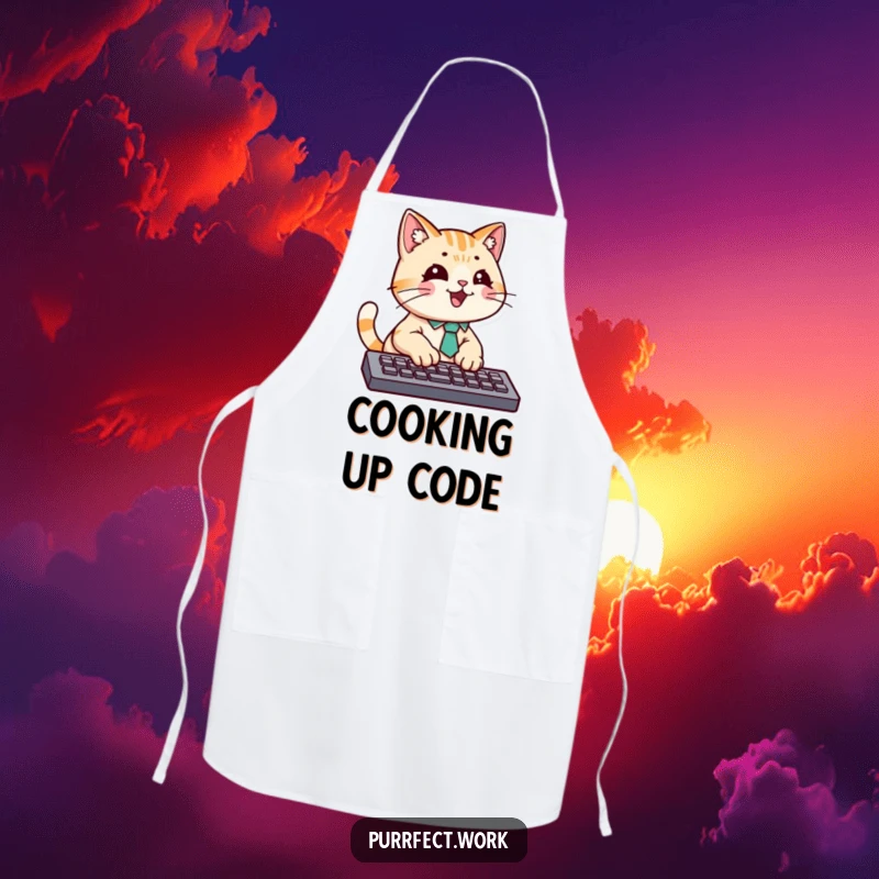Funny apron with a cat in a tie energetically typing on a keyboard, ready for kitchen duty with humor.