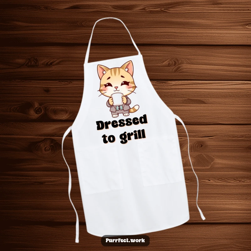 Funny Boss Cat Apron: A cat in a suit holds a coffee mug, designed as a humorous apron.