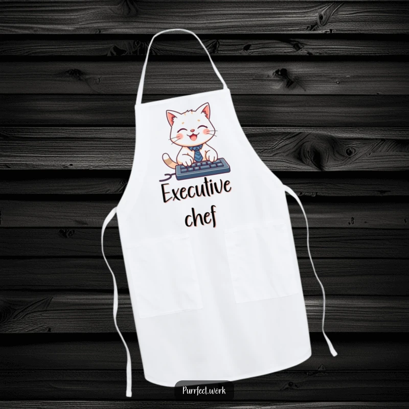 Funny apron featuring a smiling cat character wearing a tiny tie, typing on a keyboard, mixing business with culinary fun.