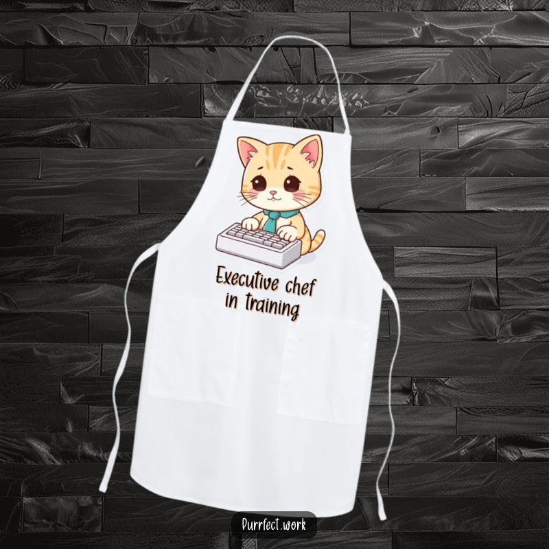Funny Cat Typist Apron: A cat wearing a tie sits at a desk, typing on a mini keyboard, designed for kitchen use.
