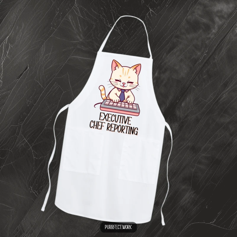 Funny cute cat wearing a tiny tie, typing furiously on a keyboard, a humorous apron for cooking and a funny gift.