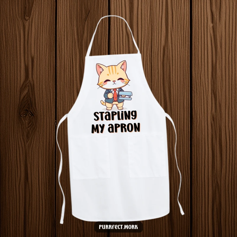 Funny apron graphic showing a cat in a business suit using a stapler, perfect for the chef who loves a good deal.