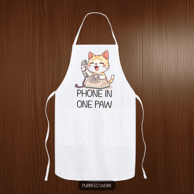 Funny apron graphic showing an enthusiastic cat answering a ringing phone, perfect for the talkative chef or home cook.