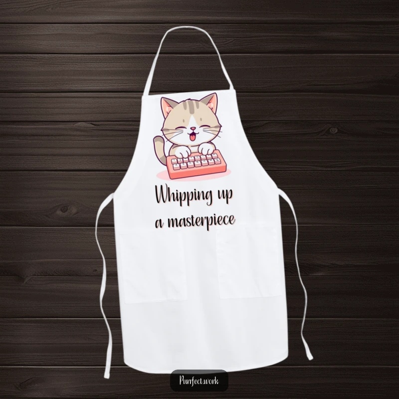 Funny busy cat apron, a cat typing furiously on a mini keyboard, ideal for kitchen use and meal prep.
