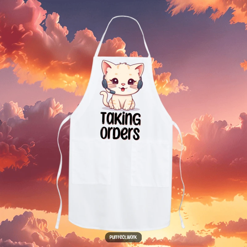 Funny Cat Agent Apron showing a cute cat with a headset talking on the phone, ready for kitchen tasks. Protective and stylish cooking wear.