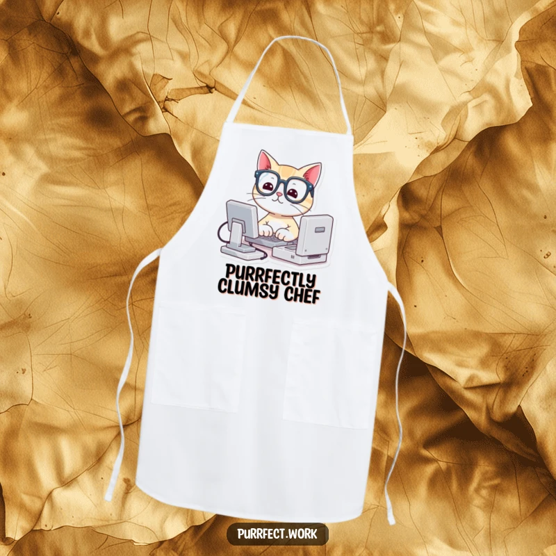 Funny apron featuring a cute cat wearing glasses, typing on a miniature computer, great for chefs and cat enthusiasts.