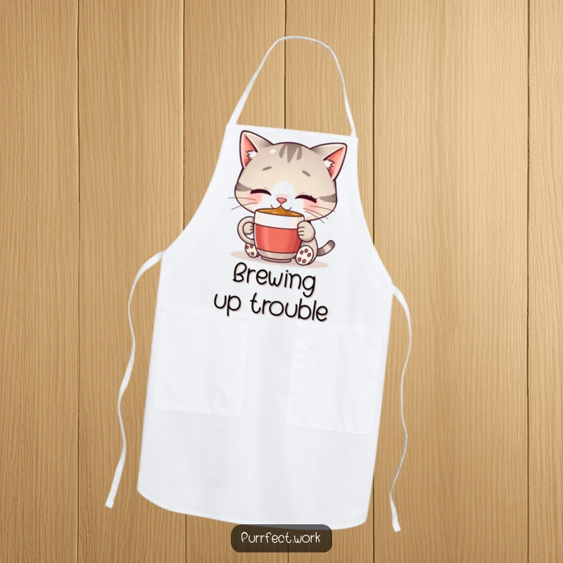 Funny cat chef apron showing a happy cat enjoying a tiny coffee mug, ready to cook with joy and a touch of caffeine-fueled energy.