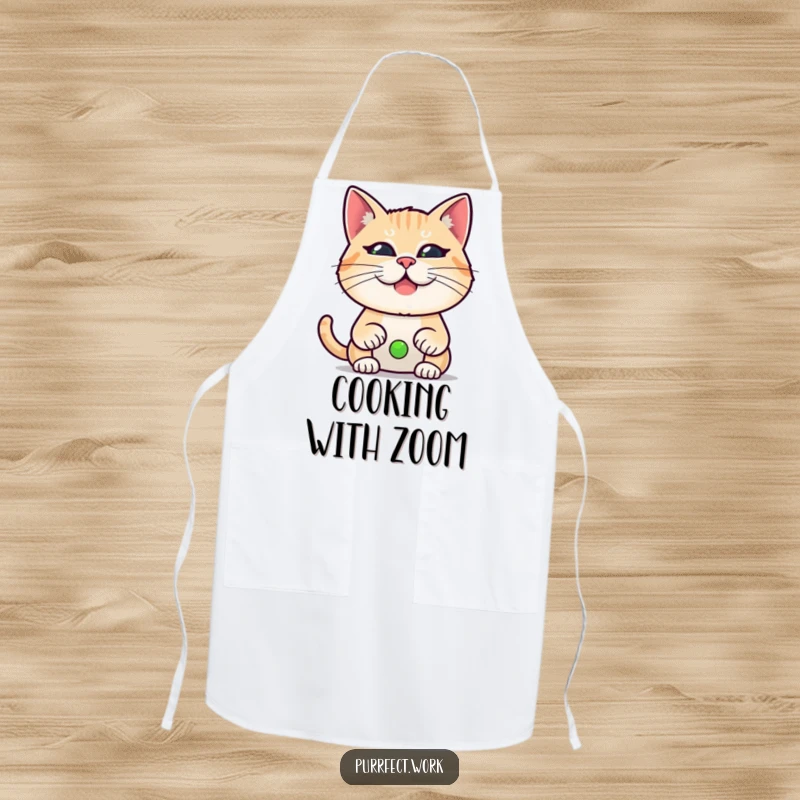 Funny apron showing a cat making a funny face during a video call, perfect for adding humor to kitchen tasks.