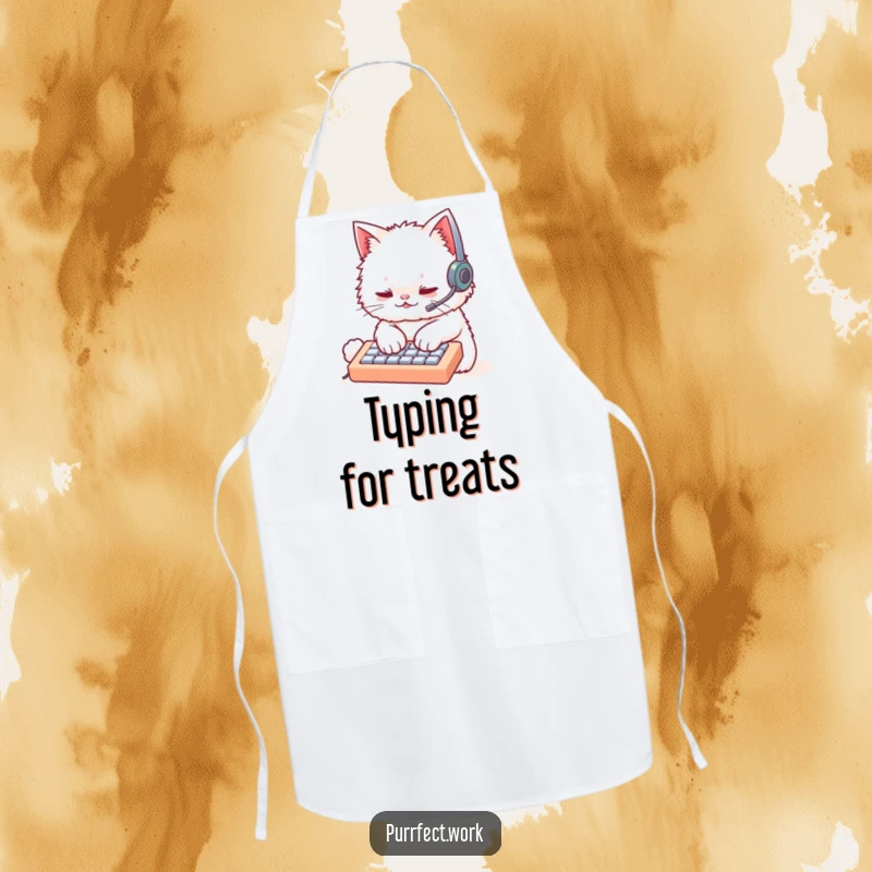 Funny cat wearing a headset, typing rapidly on a keyboard, printed on a practical kitchen apron. Humorous techie kitchen wear.