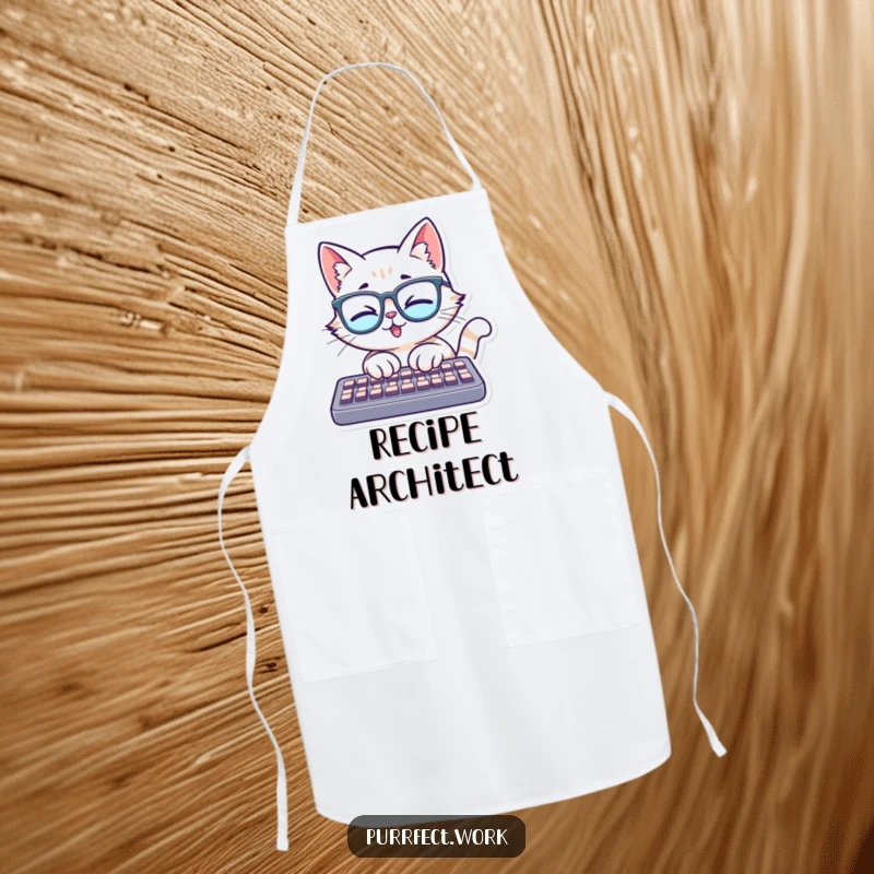 Funny apron featuring a cat wearing glasses, typing enthusiastically on a keyboard, perfect for adding a humorous, intellectual touch to cooking.