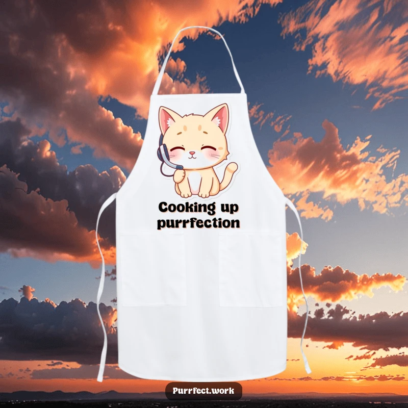 Funny cat wearing a headset, talking on a phone while pretending to cook, looking focused and comical, on a kitchen apron.