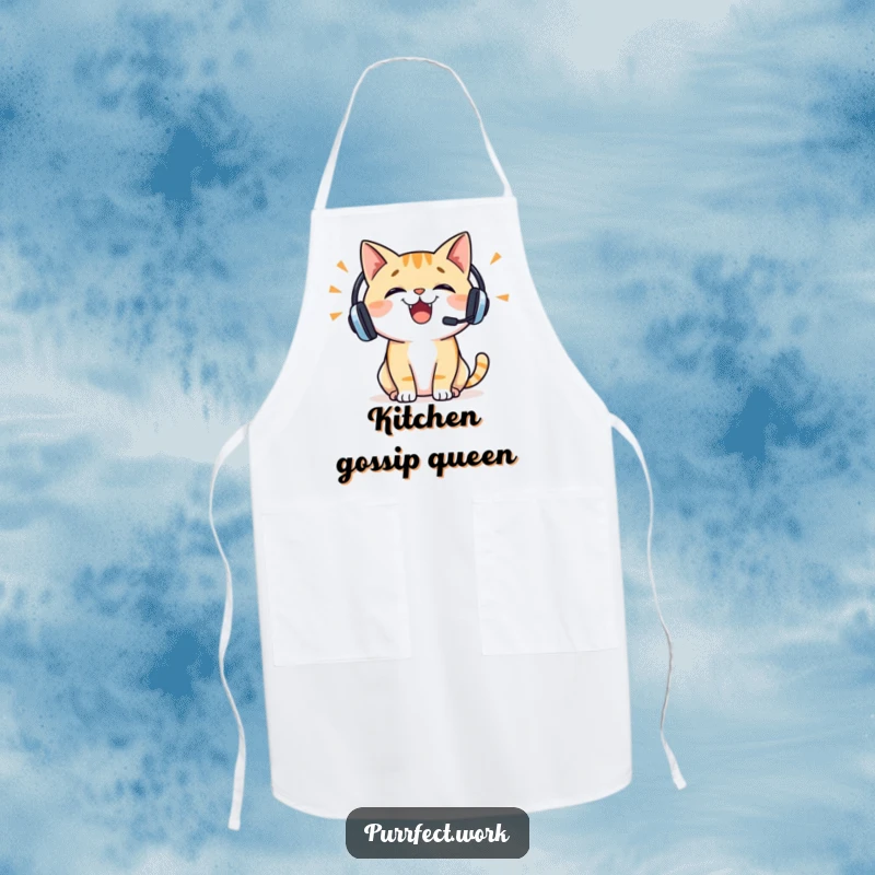 Funny cat headset apron showing a cheerful cat wearing a headset, talking enthusiastically, perfect for a fun and chatty cooking experience.