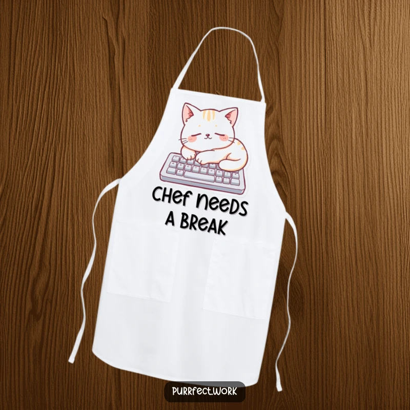 Funny cat sleeping on a small computer keyboard on a kitchen apron, ideal for humorous cooking or baking.