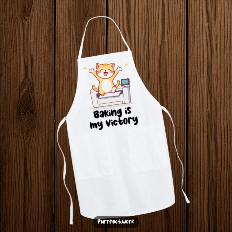 Funny cat character mid-leap over a printer, embodying joy and celebration, printed on a practical kitchen apron.