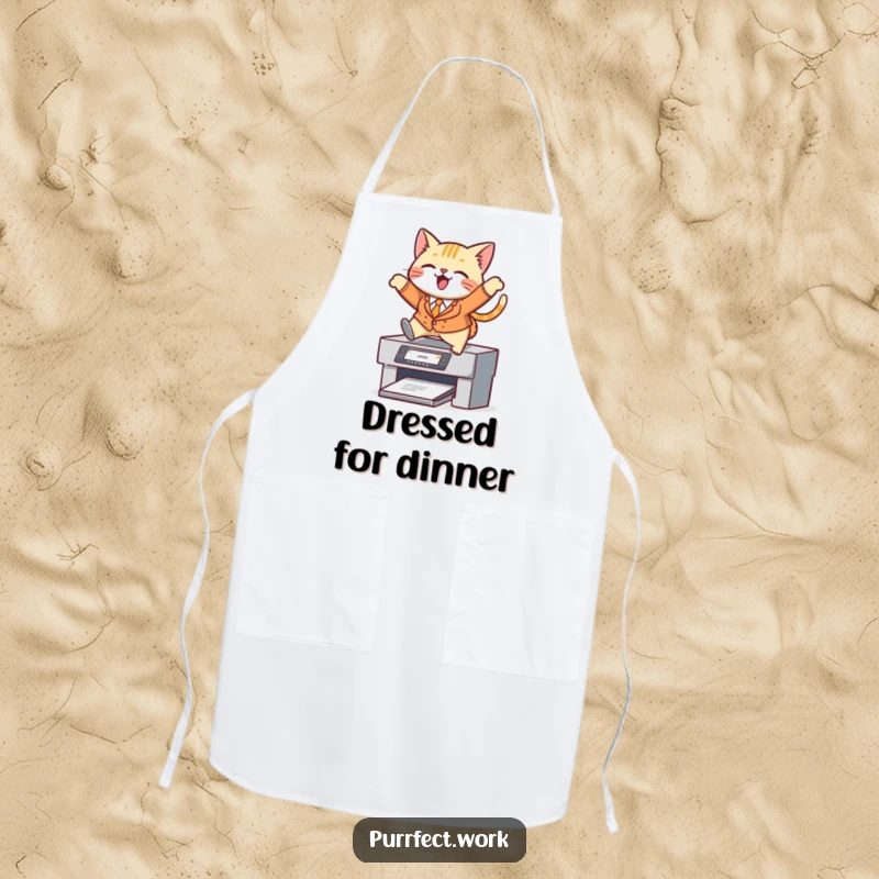 Funny cat apron, a cat in a suit leaping over a printer, ideal for kitchen use and culinary professionals.