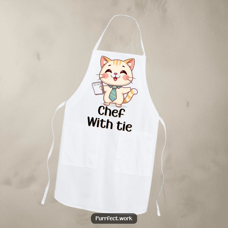 Funny apron with a happy cat wearing a tie, presenting papers, great for cooking enthusiasts with a sense of humor.