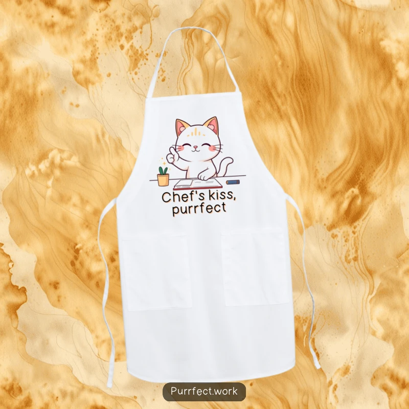 Funny apron with a cat at a desk giving a triumphant thumbs-up, ready to celebrate cooking achievements.
