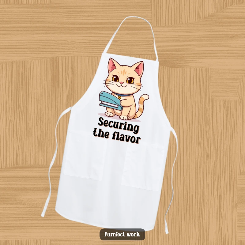 Funny apron featuring a determined cat holding a stapler with a grin, perfect for adding a touch of boss-like fun to cooking.