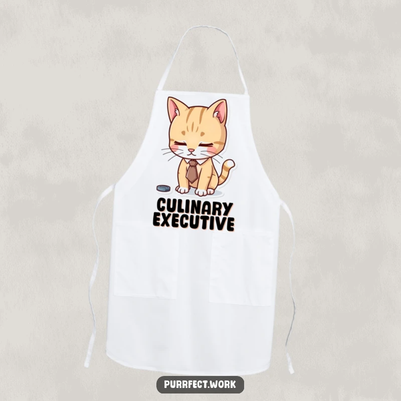 Funny apron featuring a cat wearing a tiny tie, diligently focused on cooking, adding a humorous touch to kitchen duties.