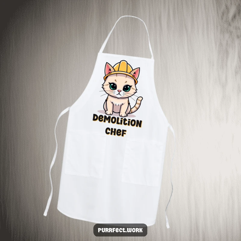 Funny Hard Hat Cat Apron: A kitchen apron showing a cat in a hard hat, ready for culinary projects with a humorous touch.