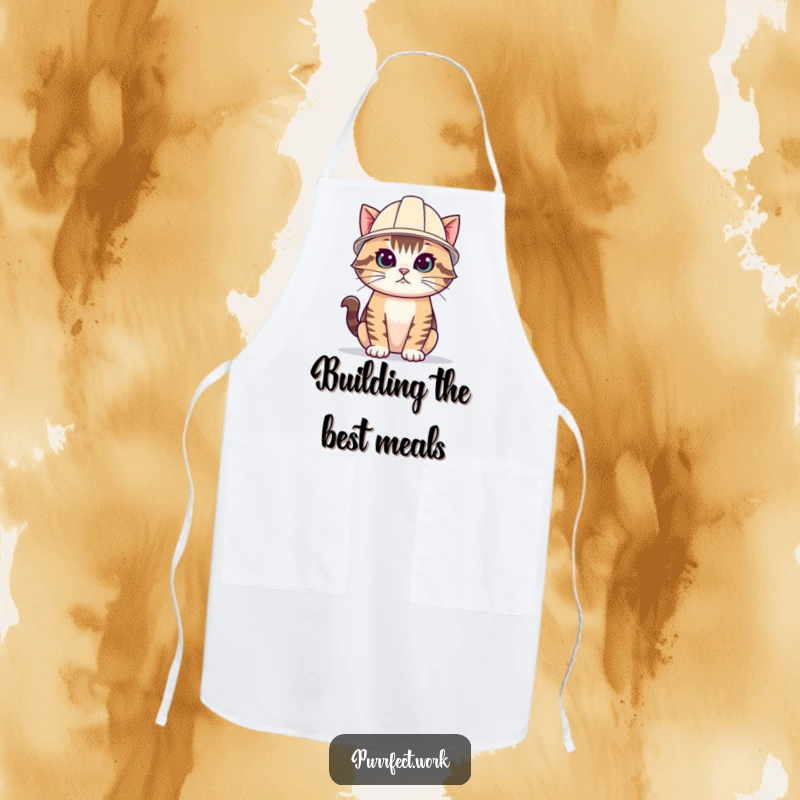Funny cat apron with a cat wearing a small yellow hard hat, ready for kitchen duty and spills.