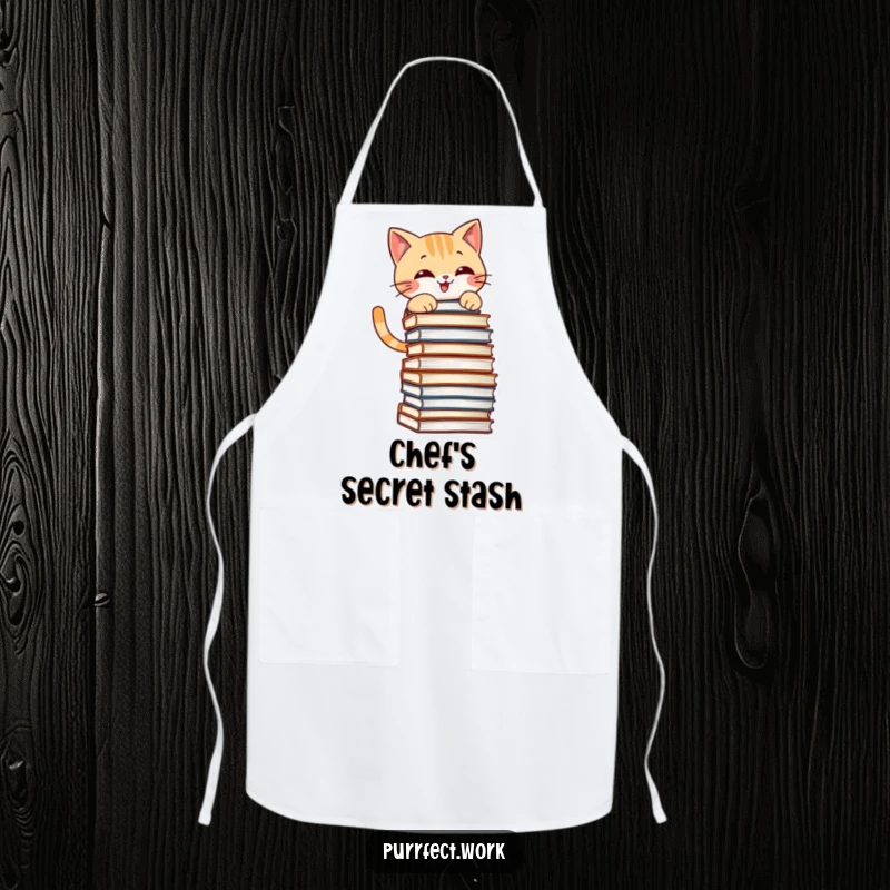 Funny apron with a mischievous cat grinning while climbing a stack of files, perfect for kitchen fun.