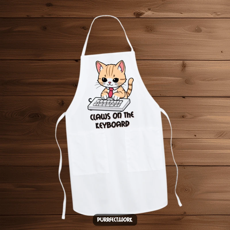 Funny apron with a cat in a necktie, typing intensely on a keyboard, ideal for kitchen humor and cat lovers.