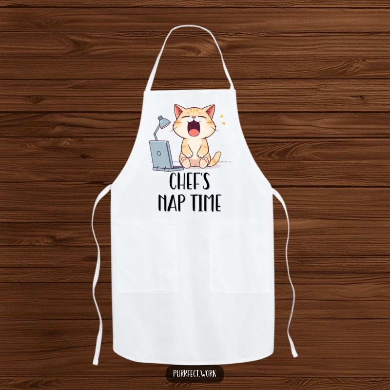 Funny cat apron with a sleepy cat yawning widely at its desk, ideal for kitchen duty.