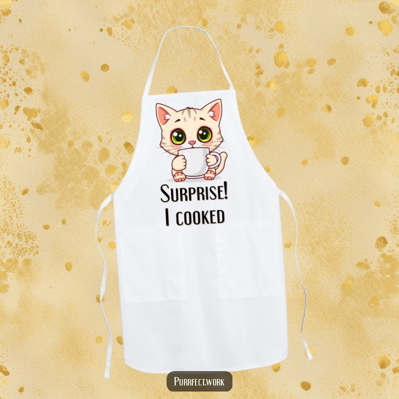 Funny surprised cat apron, a cat with wide eyes holding a coffee mug, ideal for kitchen use.