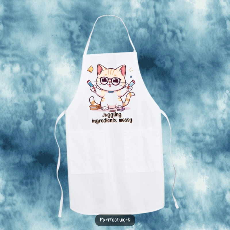 Funny apron with a cat focused on juggling office supplies, ready for any kitchen task with humor.