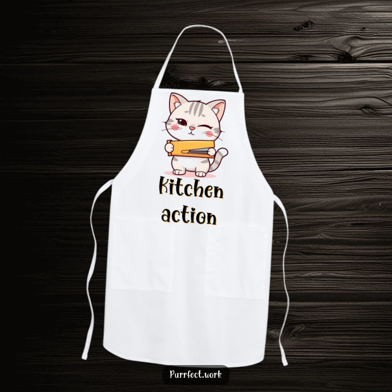 Funny apron with a winking cat holding a tiny stapler, symbolizing readiness for any kitchen task.