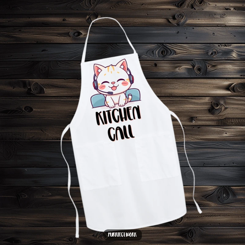 Funny apron with a grinning cat wearing a headset, symbolizing collaboration in the kitchen.