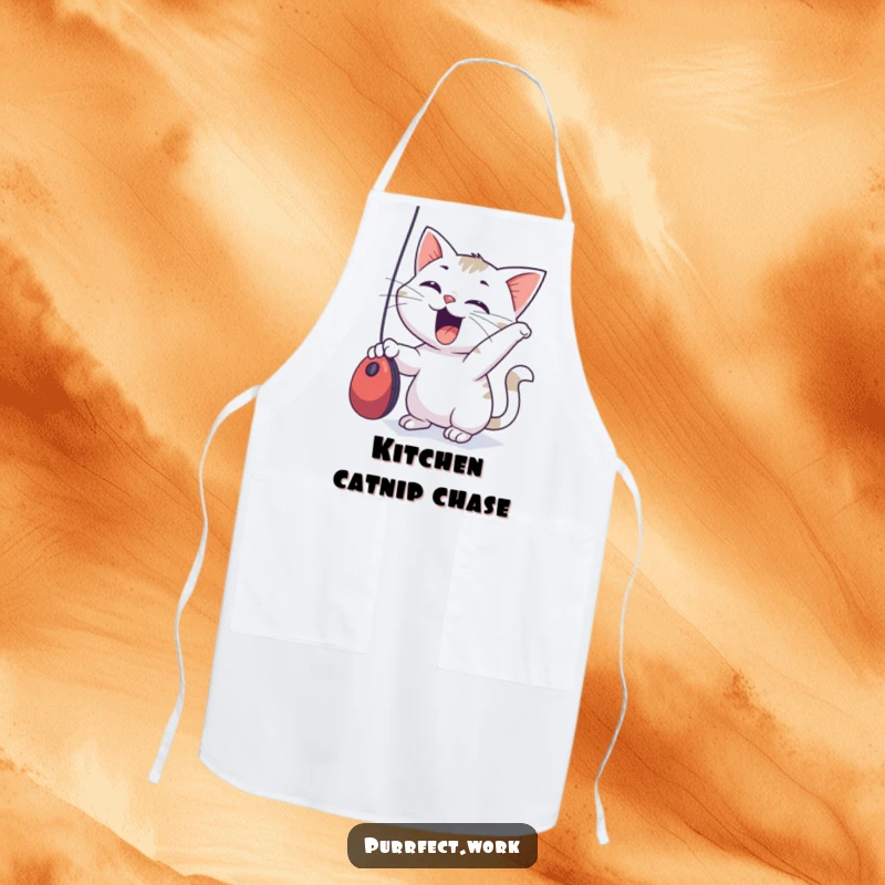 Funny Apron showing a cat playfully batting at a computer mouse, perfect for kitchen fun and protection.