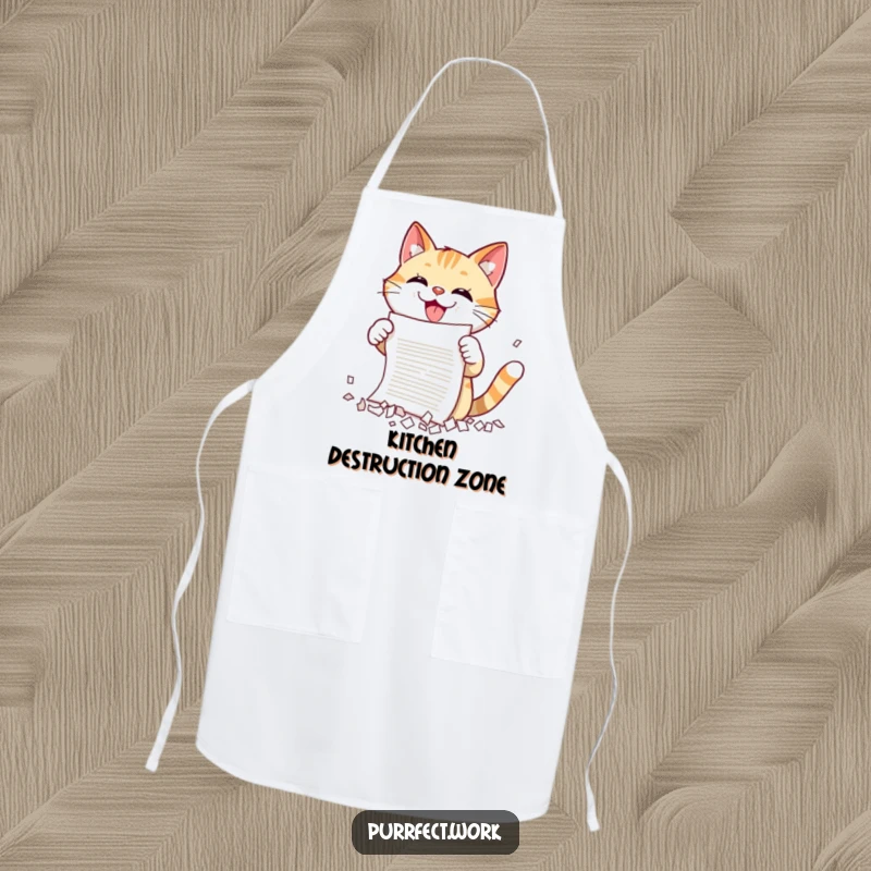 Funny cat chef apron showing a gleeful cat shredding a document, ready to tackle kitchen tasks with a touch of playful destruction.
