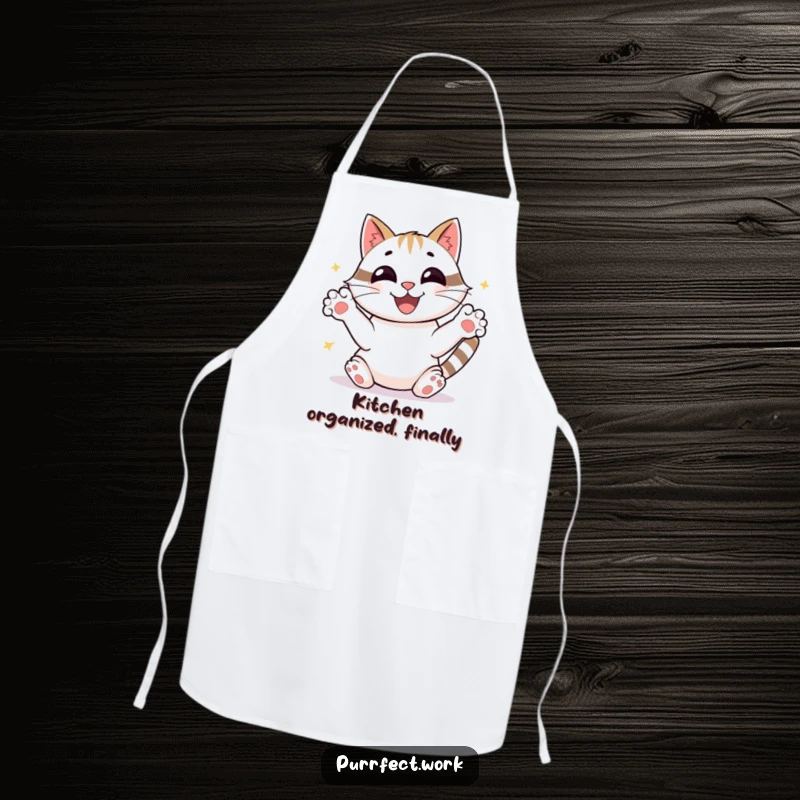 Funny joyful cat sorting papers with frantic paws, beaming, a humorous apron for cooking and a funny gift.