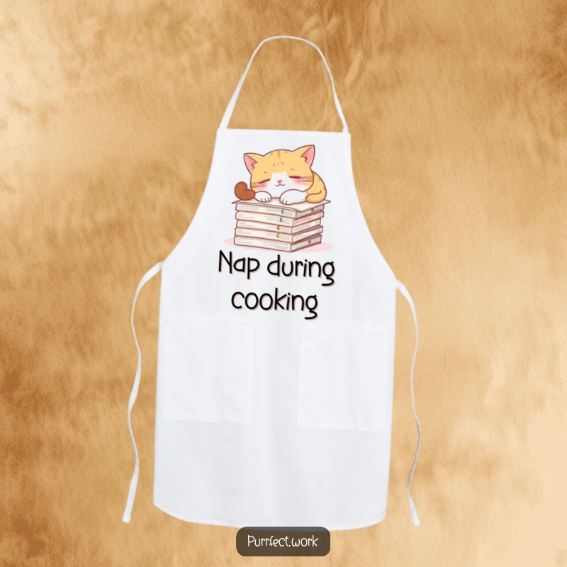 Funny apron showing a cat napping on important documents, perfect for adding humor to kitchen tasks.