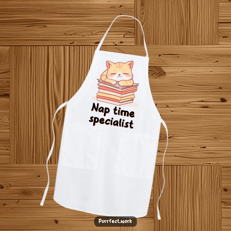 Funny content cat apron depicting a cat napping on papers, ideal for kitchen use and adding a humorous touch.