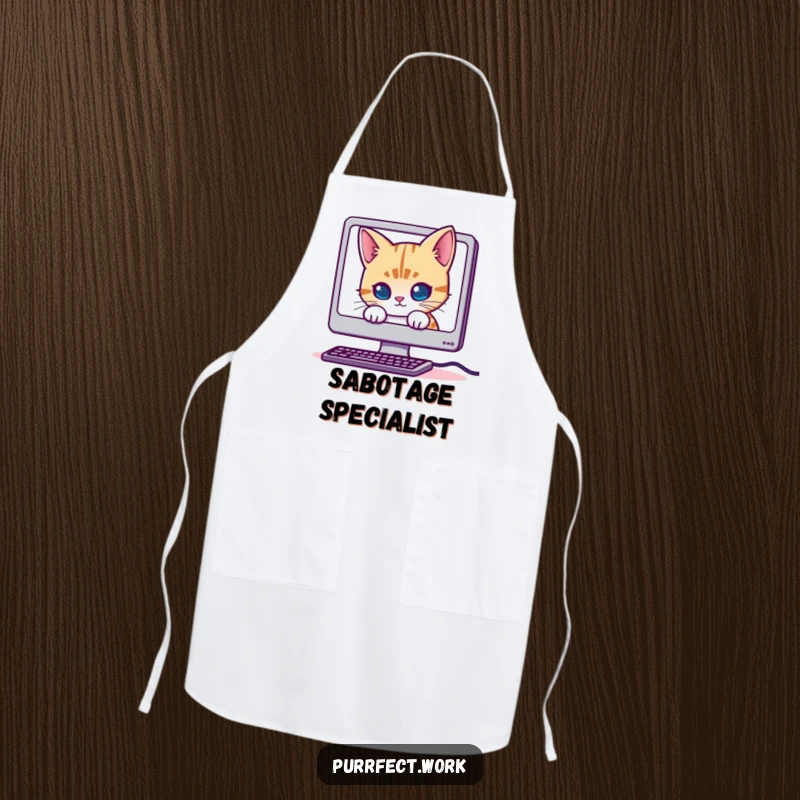 Funny Mischievous Cat Apron: A kitchen apron featuring a cat hiding behind a computer screen, perfect for adding humor to cooking or coding.