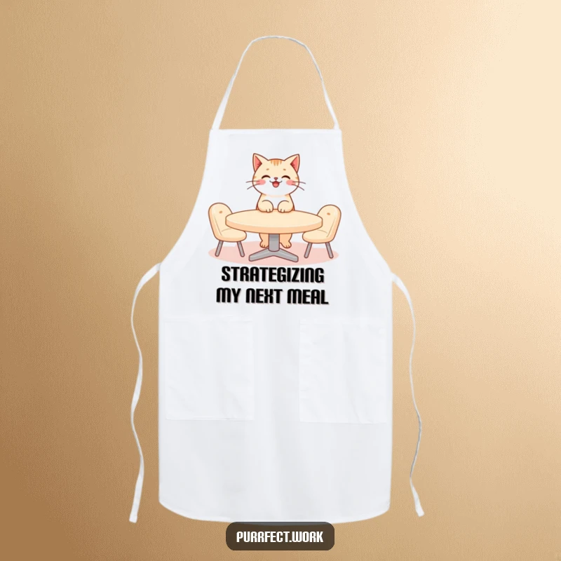 Funny cat meeting apron showing a smiling cat character, perhaps in a chef hat, directing a tiny meeting around a miniature kitchen table.