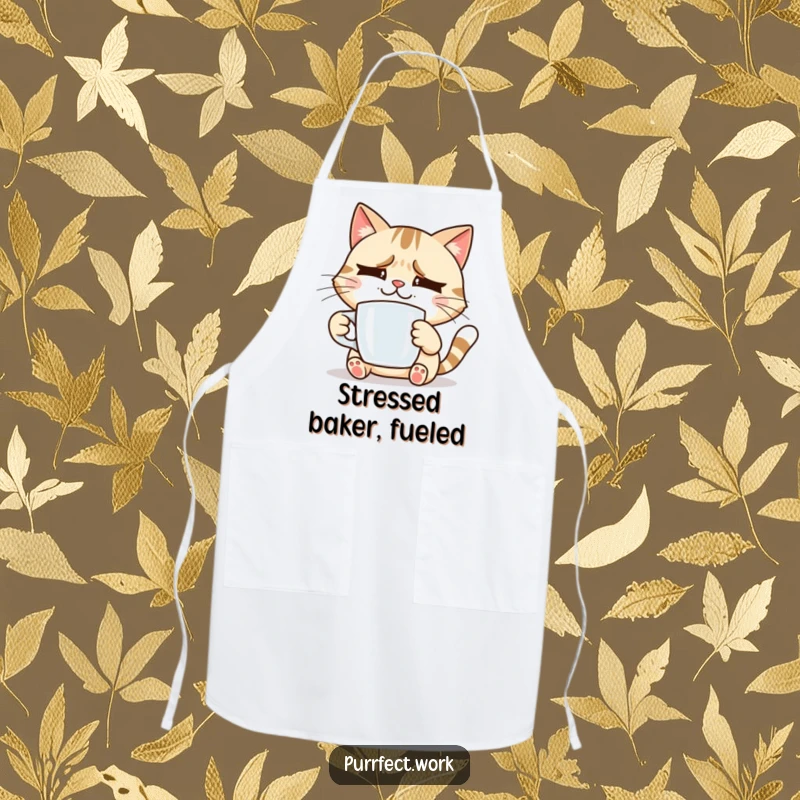 Funny smiling cat holding a coffee mug, looking slightly stressed, a humorous apron for cooking and a funny gift.