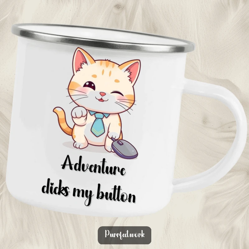 Funny cat camping mug, a cat in a tie playing with a mouse cursor, durable for outdoor use.