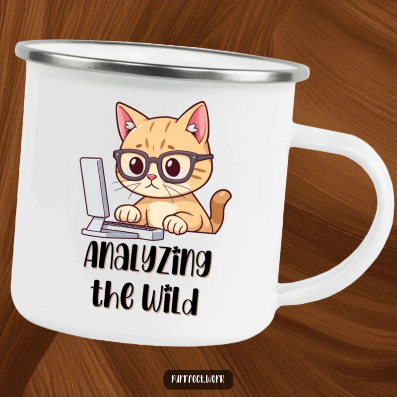 Funny enamel camping mug with a cat wearing glasses, intently looking at a computer screen, for smart outdoor enthusiasts.