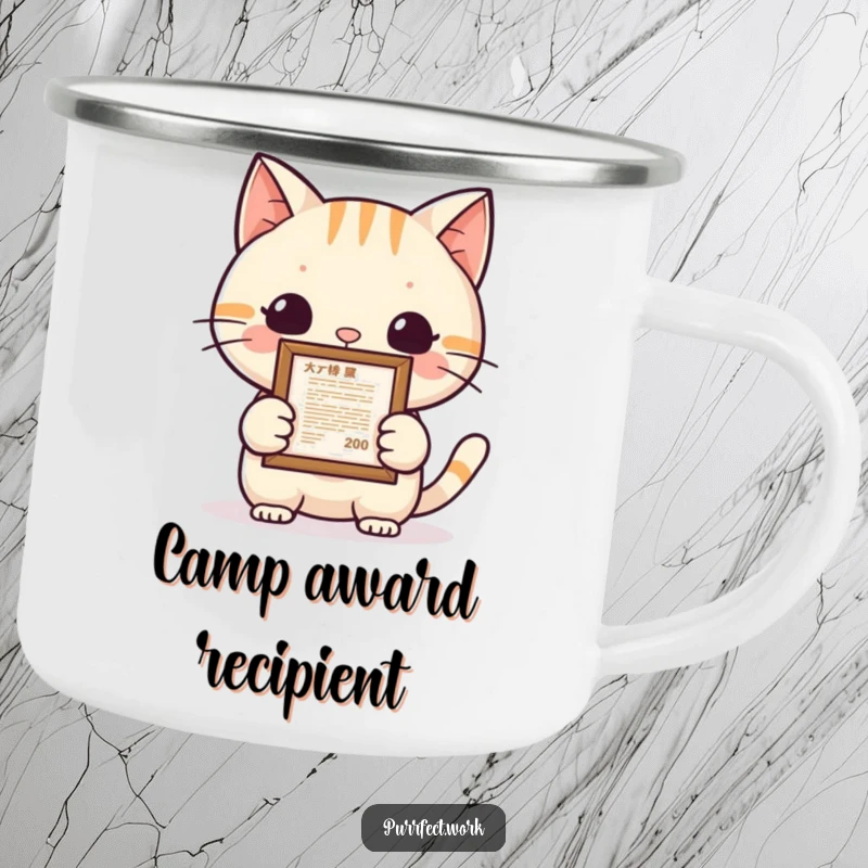 Funny cat achievement camping mug showing a proud cat holding a framed document, perfect for enjoying drinks outdoors with a celebratory humor.
