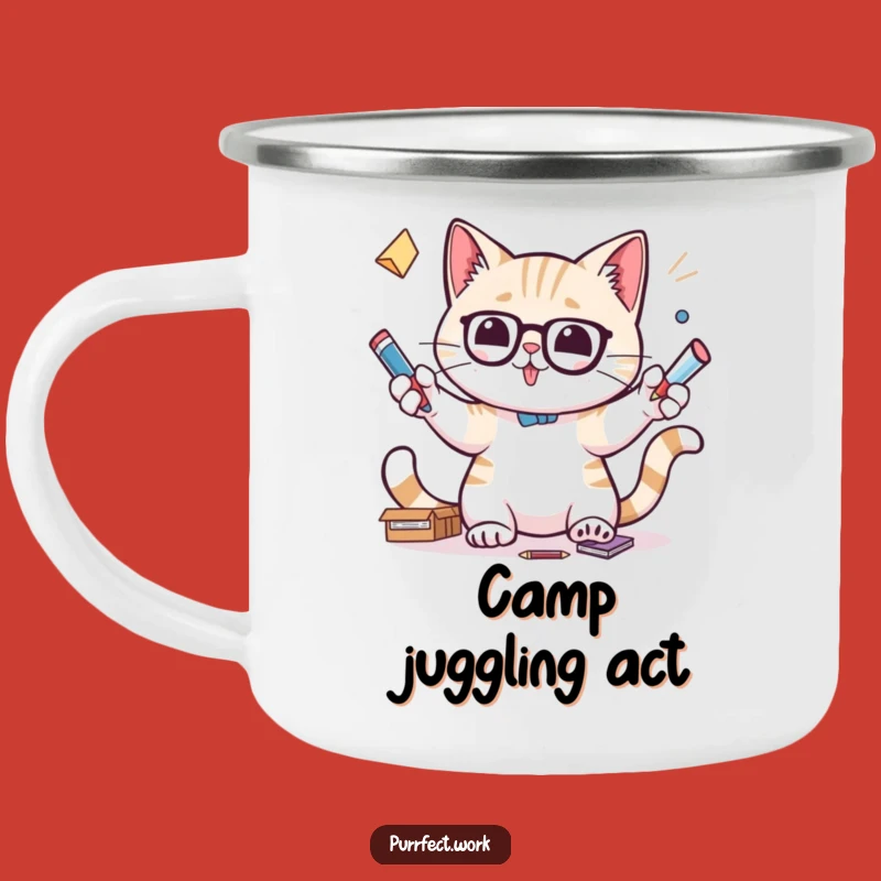 Funny Office Juggler Cat Camping Mug - Focused Feline Adventure Gift