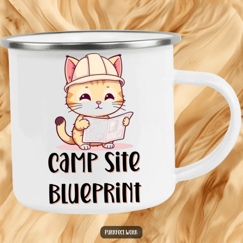 Funny camping mug with a playful cat in a hard hat, looking at a blueprint, for builders and outdoor adventurers.