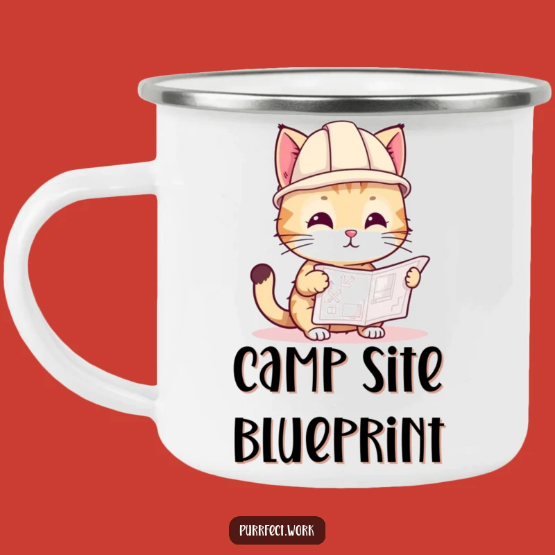 Funny Cat Hard Hat Camping Mug: Playful Builder Cat with Blueprint, Outdoor Project